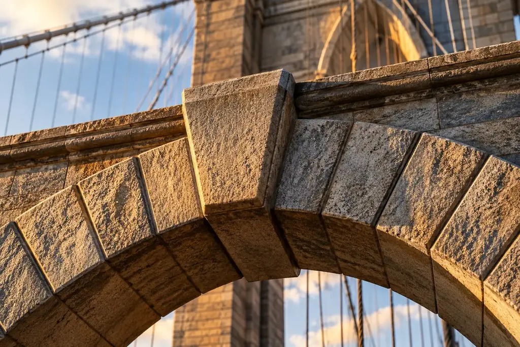 Brooklyn Bridge stone archway and cable tower, close-up