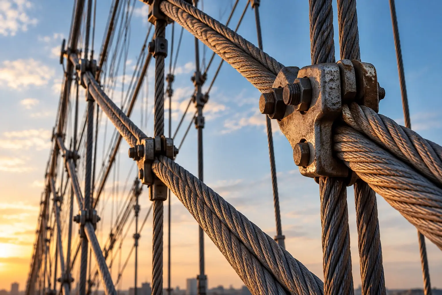 Close-up of the Brooklyn Bridge suspension cables and wire rope at sunset