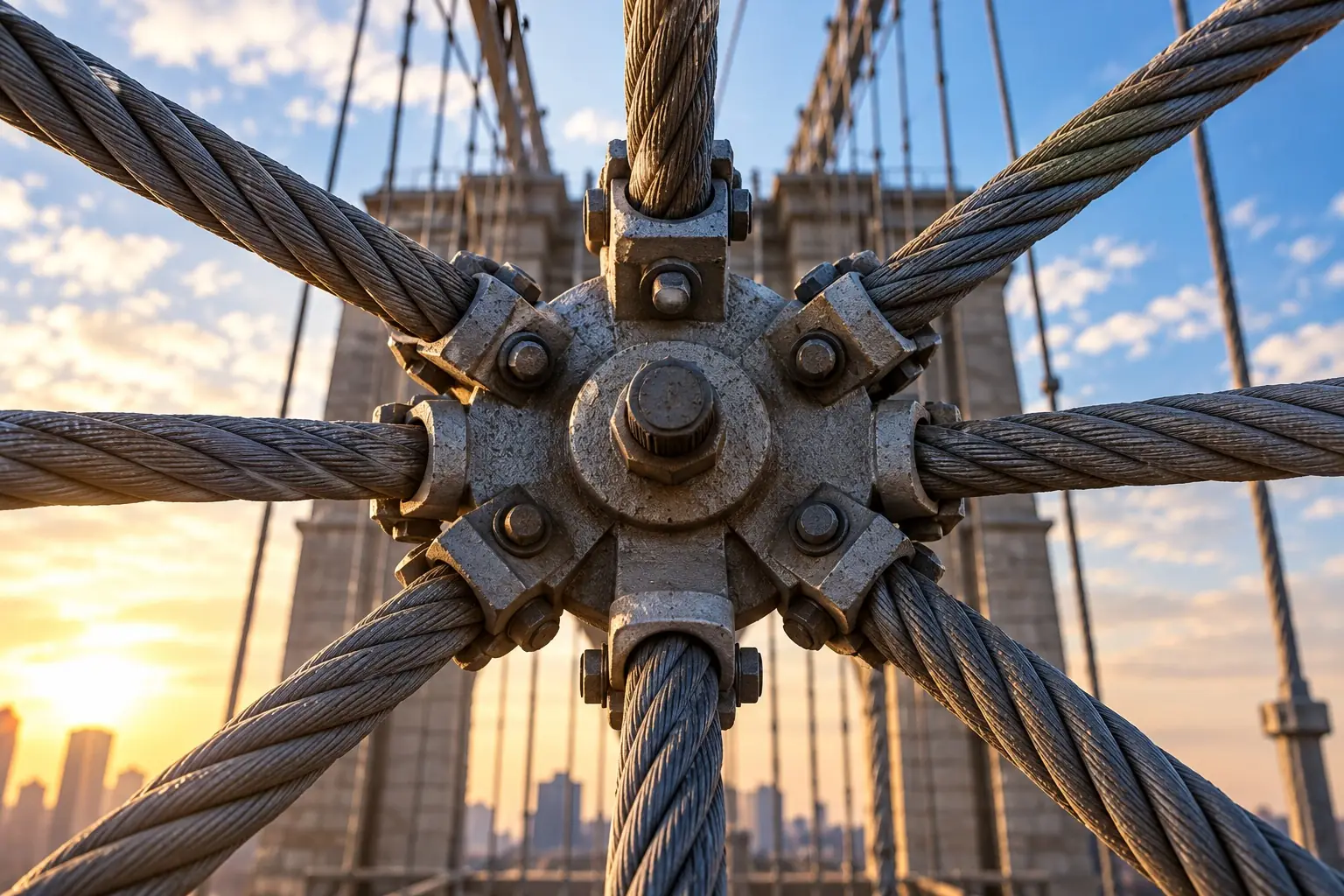 Eight bridge cables radiating from a single connection point