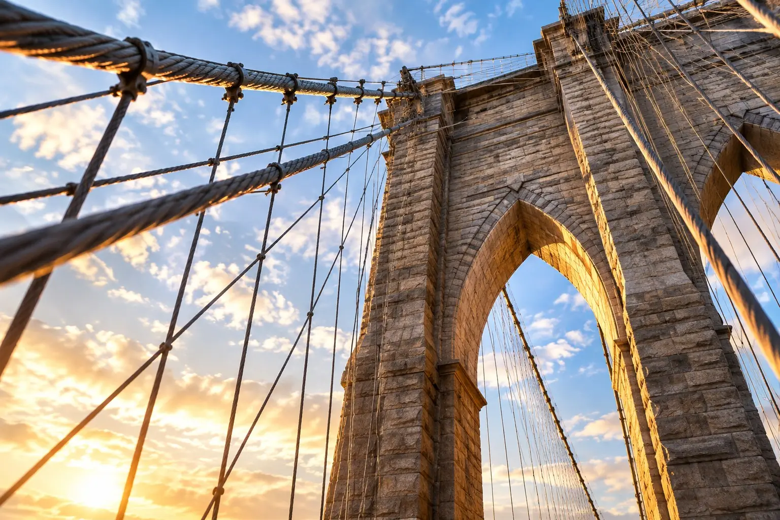 Brooklyn Bridge tower and arch with cables at sunrise