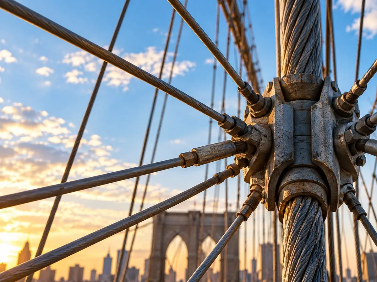 Brooklyn Bridge cables meeting at a steel hub, with the city skyline at sunset